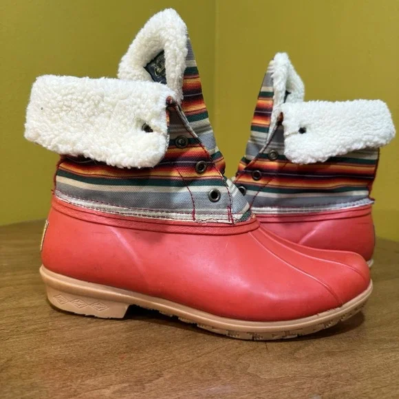 Pendleton US 8 Red Striped Roll-Top Faux Fur Lined Weather Duck Boots No Laces - Picture 4 of 12